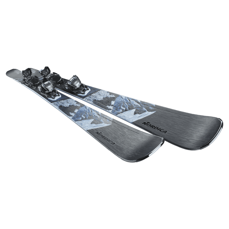 Top view of the Nordica 2027 Wild Belle DC 84 Ski w/ Binding for Women, featuring a mountain graphic in black and blue.