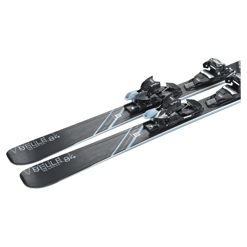 Top view of the Nordica 2027 Wild Belle DC 84 Ski w/ Binding for Women, featuring a mountain graphic in black and blue.