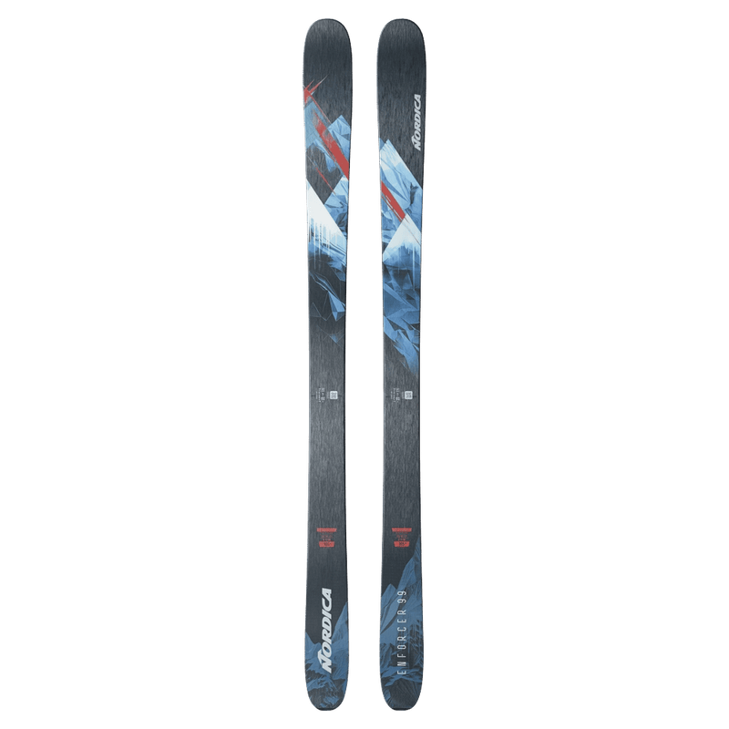 Top view of the Nordica 2027 Enforcer 99 Ski, featuring a spliced graphic design in red, blue, and black