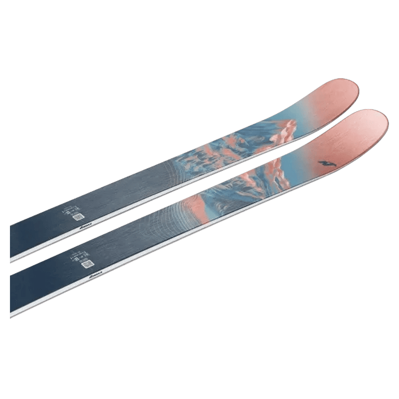 Tip view of Nordica 2027 Santa Ana 97 Ski for Women with salmon, turquoise, and navy topsheet.