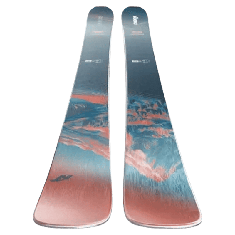 Top view of Nordica 2027 Santa Ana 97 Ski for Women with salmon, turquoise, and navy topsheet.