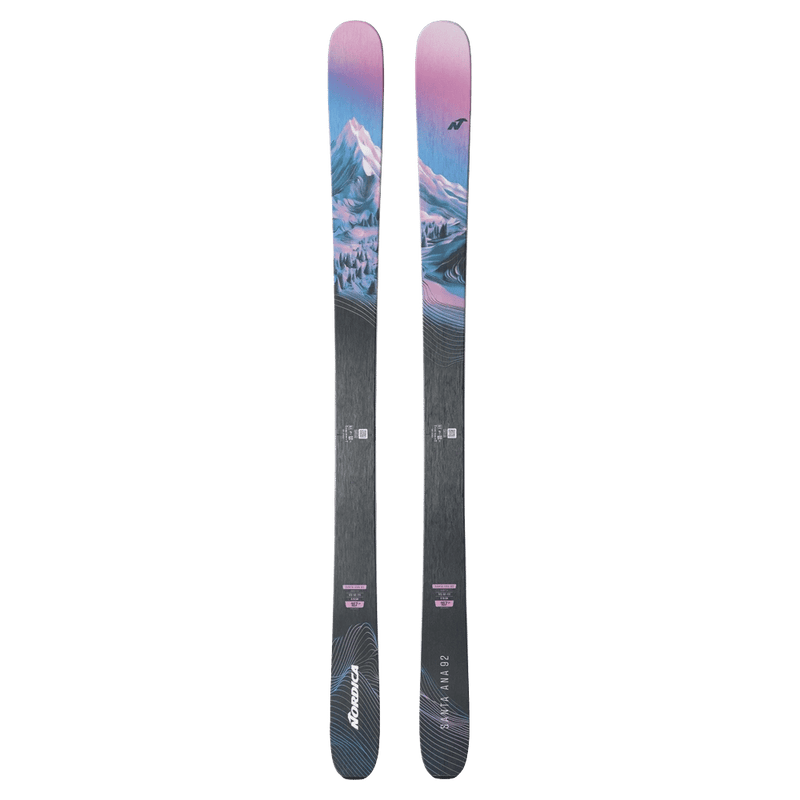 Top view of the Nordica 2027 Santa Ana 92 Ski for Women, featuring a mountain graphic in blue, lavender, and black.