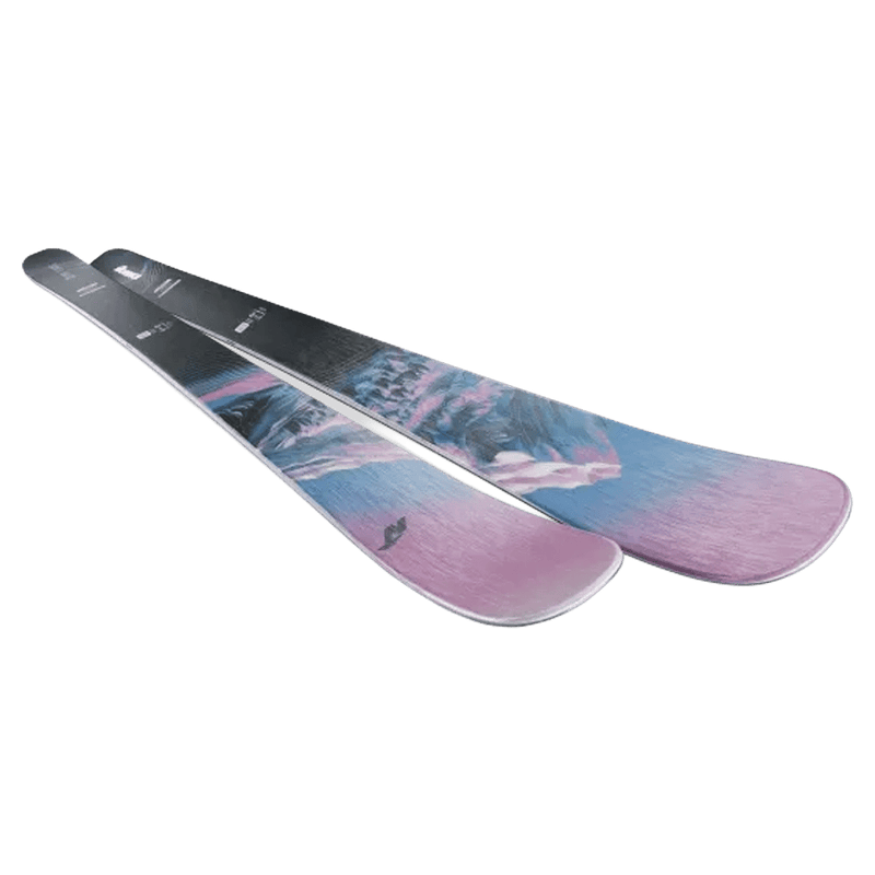 Top view of the Nordica 2027 Santa Ana 92 Ski for Women, featuring a mountain graphic in blue, lavender, and black.