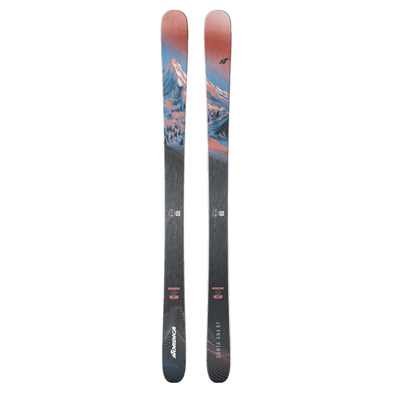 Top view of Nordica 2027 Santa Ana 87 Ski for Women with mountain landscape graphic in blue, white, and red over black base.
