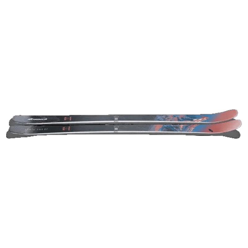 Top view of Nordica 2027 Santa Ana 87 Ski for Women with mountain landscape graphic in blue, white, and red over black base.