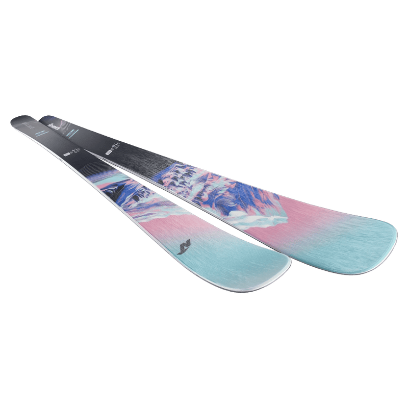Top view of Nordica 2027 Santa Ana 82 Ski for Women with mountain landscape graphic in blue, pink, and white over black base