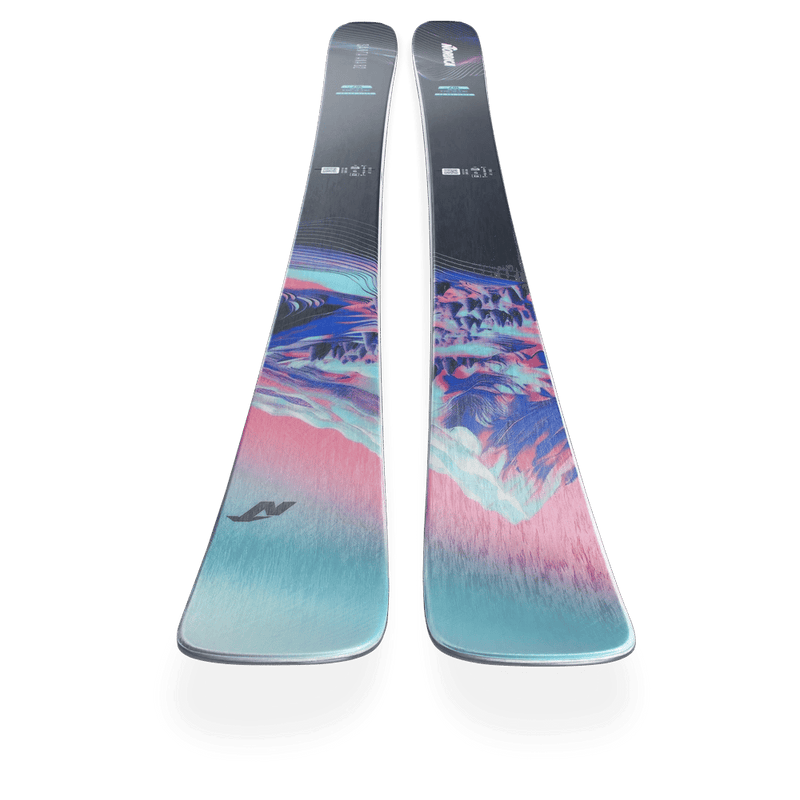 Top view of Nordica 2027 Santa Ana 82 Ski for Women with mountain landscape graphic in blue, pink, and white over black base