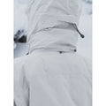 Close-up back view of a light gray Burton AK Lz Gore-Tex jacket featuring an adjustable hood with a cinch cord.