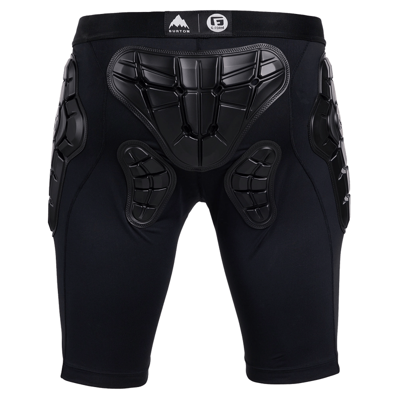 Rear view of black Burton Total Impact Shorts featuring G-Form padding on the tailbone and hips.