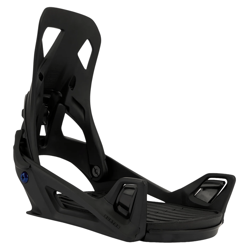 Matte black Burton Step On Re:Flex snowboard binding featuring a strapless design and cutout highback.