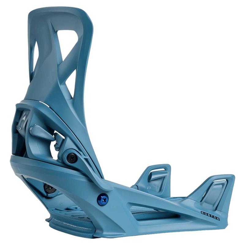 Profile view of a matte blue Burton Step On Re:Flex snowboard binding with a strapless baseplate and cutout highback.