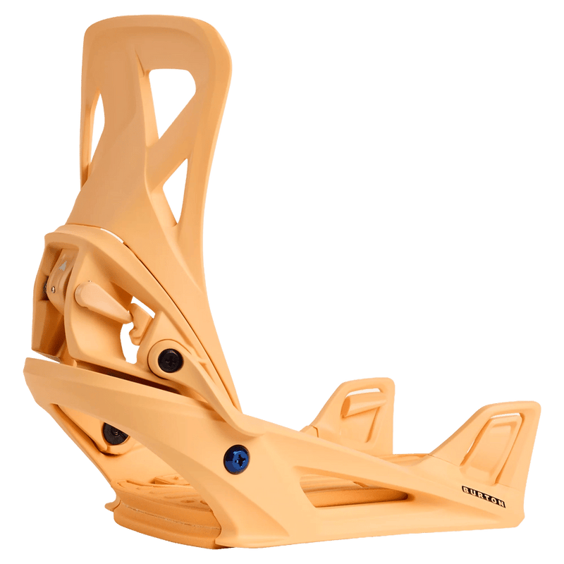 Peach Burton Step On Re:Flex snowboard binding shown from a side profile with a strapless design and highback.