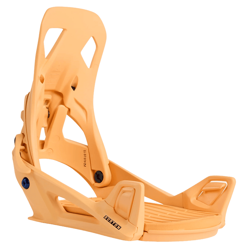 Peach Burton Step On Re:Flex snowboard binding featuring a strapless design and highback on a black background.