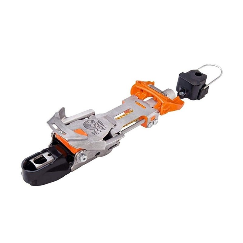 A single 22 Designs Outlaw X NTN telemark binding with stainless steel frame, orange accents, and black toe and heel pieces.