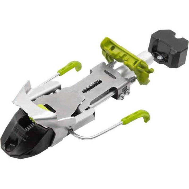 A single 22 Designs Bandit Telemark Binding featuring a silver metal body, black toe piece, and lime green accents.