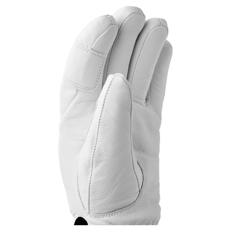 White Hestra Leather Fall Line 5 Finger Glove for women, palm view showing textured leather and stitched seams.