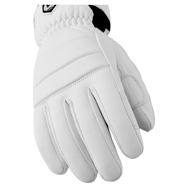 White Hestra Leather Fall Line 5 Finger Glove for women with stitched leather panels and an elasticated wrist.