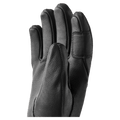 Hestra black leather Fall Line 5 finger glove for women showing the textured palm and stitched finger details in colour Black