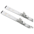 White Head e-Absolute Joy skis with white bindings and black tips, shown at a diagonal angle on a black background.