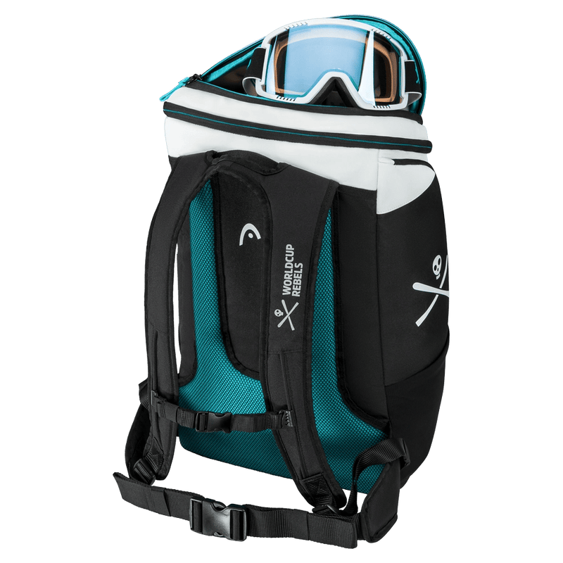 Side view of Head Rebels Racing Backpack in colour Black/White/Speed Blue.