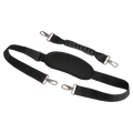Black padded shoulder strap and molded carry handle with metal swivel snap hooks for a Head boot bag.