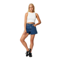 Full-body view of the A Brand Venice Bella Short in Mid Blue colourway, women's model.
