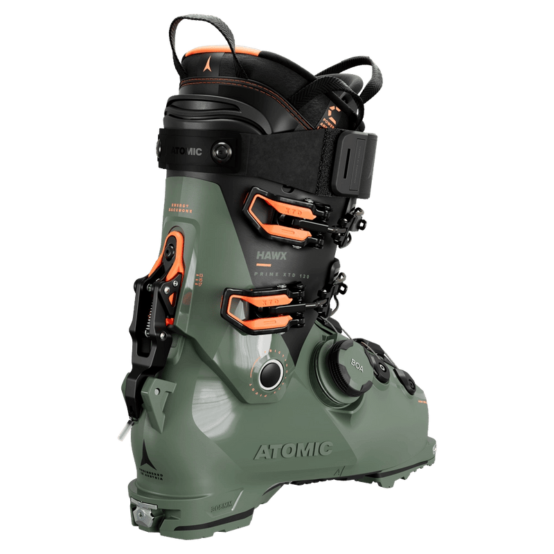 Rear view of the Atomic Hawx Prime XTD 120 Boa GW Ski Boots in Army Green Orange