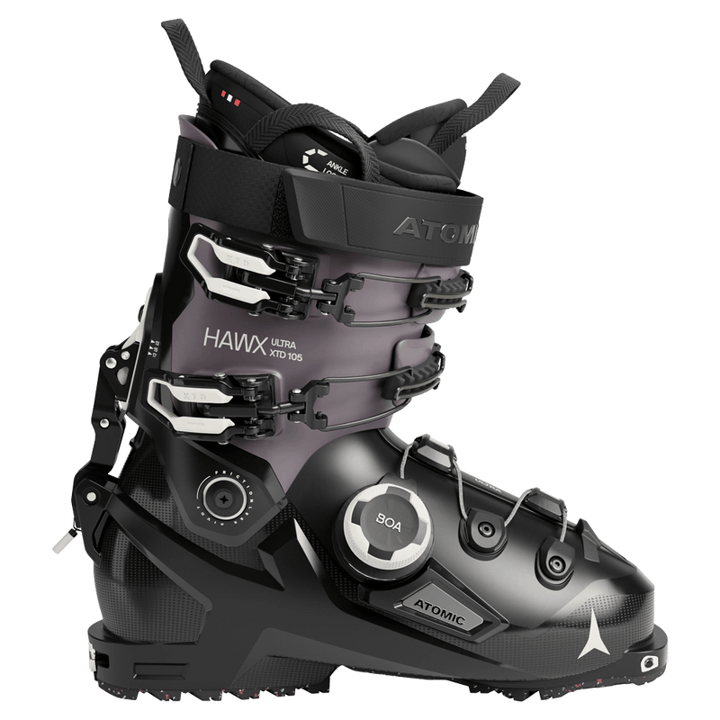 Side view of the Atomic Hawx Ultra XTD 105 BOA Ski Boots for women in Black - Not Purple
