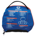 Back view of the Adventure Medical Backpacker Kit Case in blue with white informational writing and diagrams black strap handle.