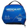 Front view of the Adventure Medical Backpacker Kit Case in blue with white writing and mountain logo. black strap handle.