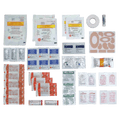 Contents laid out of the Adventure Medical Ultralight First Aid Kit showing various bandages, swabs, bite wipes, blister patches, tape, forceps etc.