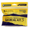 Front view of the Adventure Medical Ultralight Medical Kit .3 in yellow and blue with blue writing. Images of paddle, hiking boot and bicycle and moutnains.