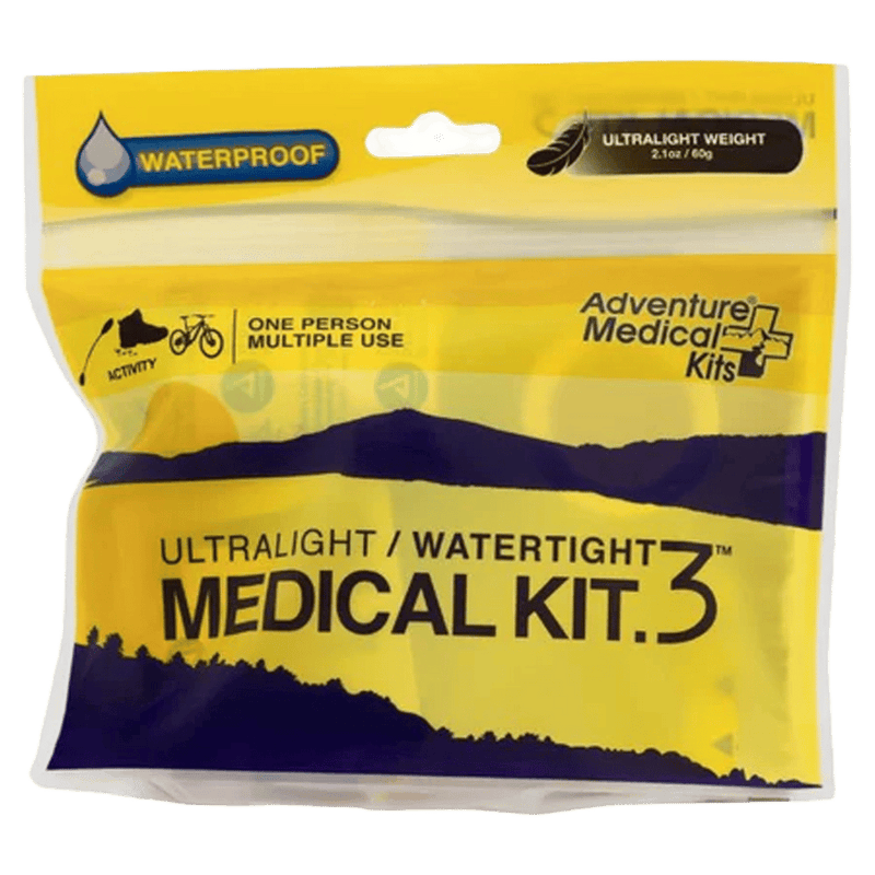 Front view of the Adventure Medical Ultralight Medical Kit .3 in yellow and blue with blue writing. Images of paddle, hiking boot and bicycle and moutnains.