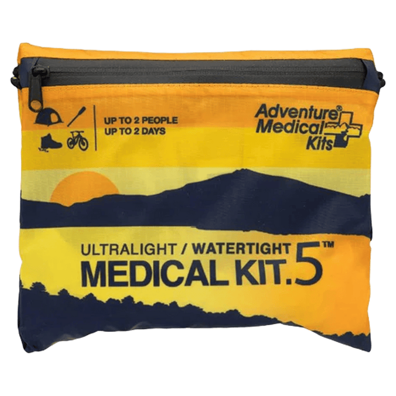 Front view of the Adventure Medical Kits Ultralight First Aid Kit .5 izipper pouch in yellow and blue with blue writing, Images of tent, paddle, hiking boot and bicycle.