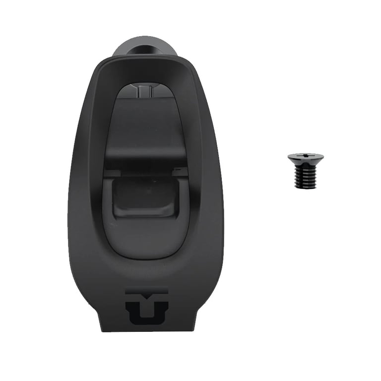 Matte black Union aluminum ankle ratchet buckle and mounting screw for snowboard bindings.
