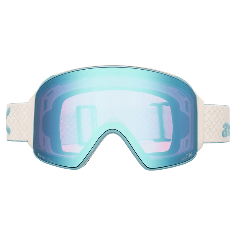 Front view of the Anon M4 Cylindrical Goggles in Oat, Perceive Variable Blue lens, unisex model