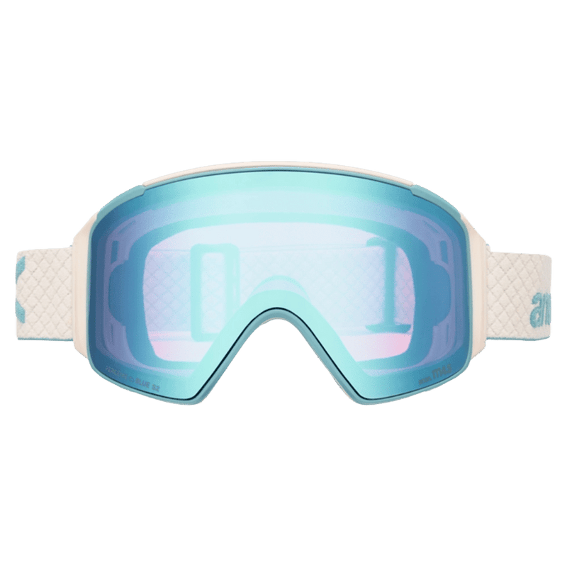 Front view of the Anon M4S Cylindrical Goggles in Oat, Perceive Variable Blue lens, unisex model