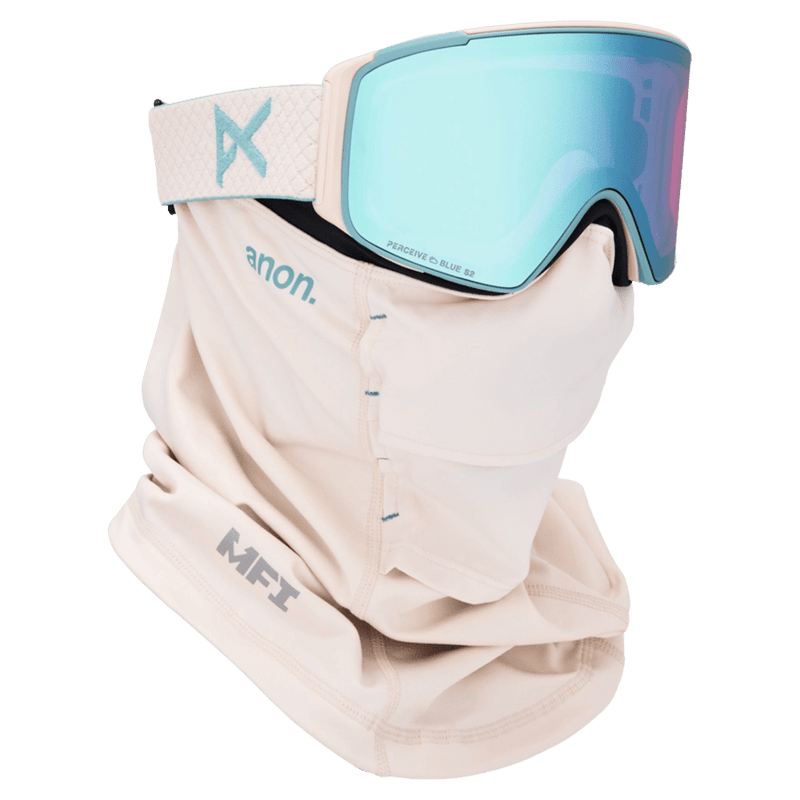 Face mask view of the Anon M4S Cylindrical Goggles in Oat, Perceive Variable Blue lens, unisex model