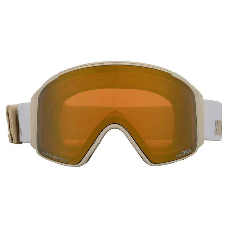 Front view of the Anon M4S Cylindrical Goggles in Tan, Perceive Sun Bronze lens, unisex model