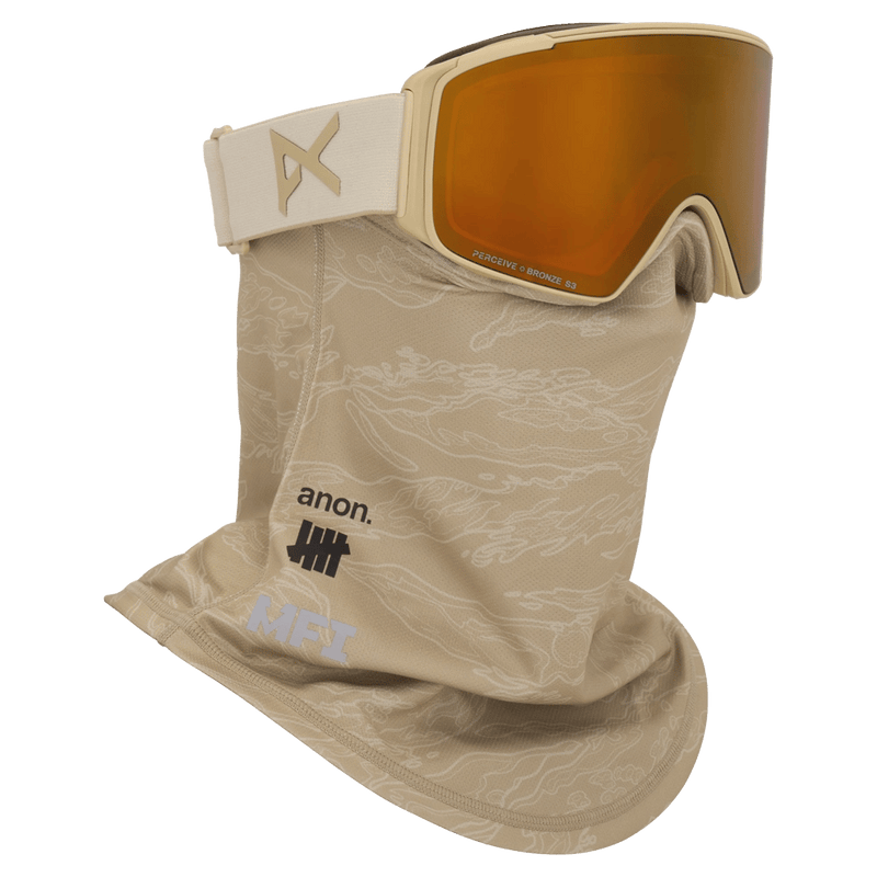 Face mask view of the Anon M4S Cylindrical Goggles in Tan, Perceive Sun Bronze lens, unisex model