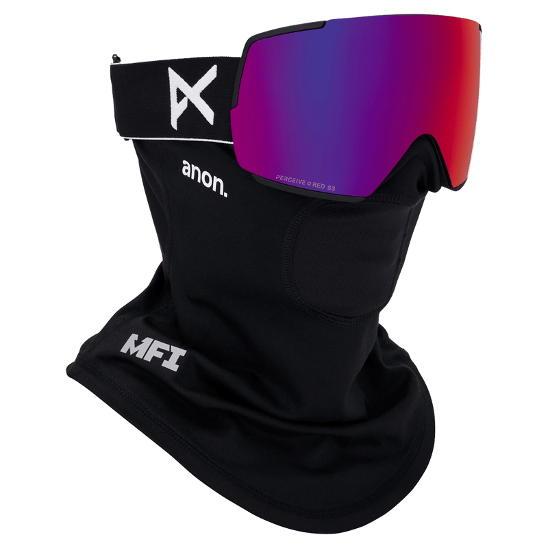 Face mask view of the Anon M5 Toric Low Bride Goggles in Black, Perceive Sunny Red lens, unisex model