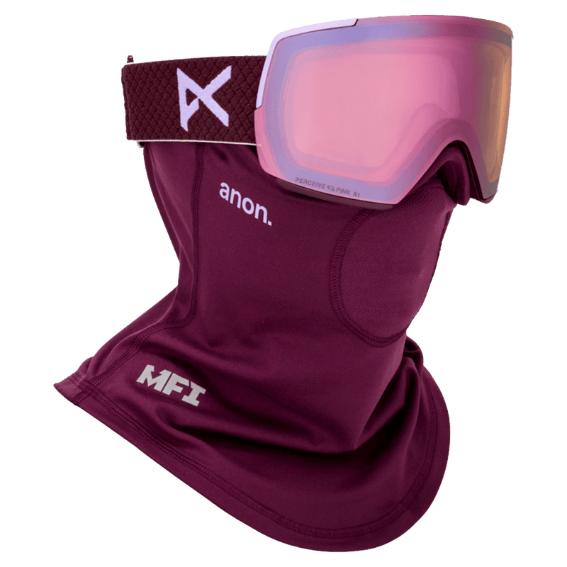 Face mask view of the Anon M5 Toric Goggles in Deep Cherry, Perceive Cloudy Pink lens, unisex model