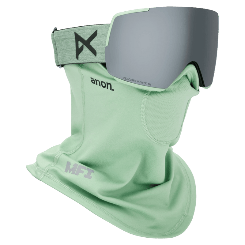 Face mask view of the Anon M5 Toric Goggles in Soft Sage, Perceive Sun Onyx lens, unisex model