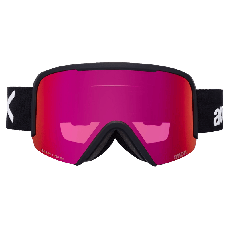 Front view of the Anon Nesa Goggles in Black, Perceive Sunny Red lens, unisex model