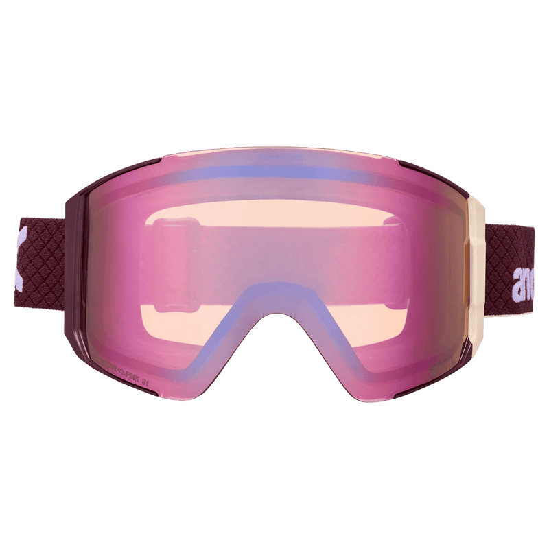 Front view of the Anon Sync LB Goggles in Deep Cherry, Perceive Cloudy Pink lens, unisex model