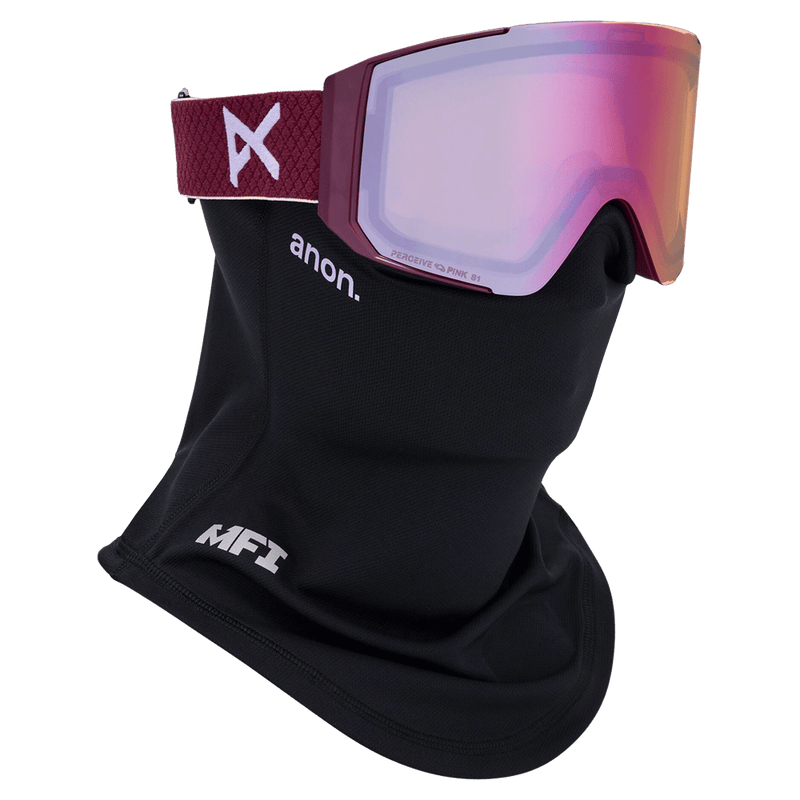Face mask view of the Anon Sync LB Goggles in Deep Cherry, Perceive Cloudy Pink lens, unisex model