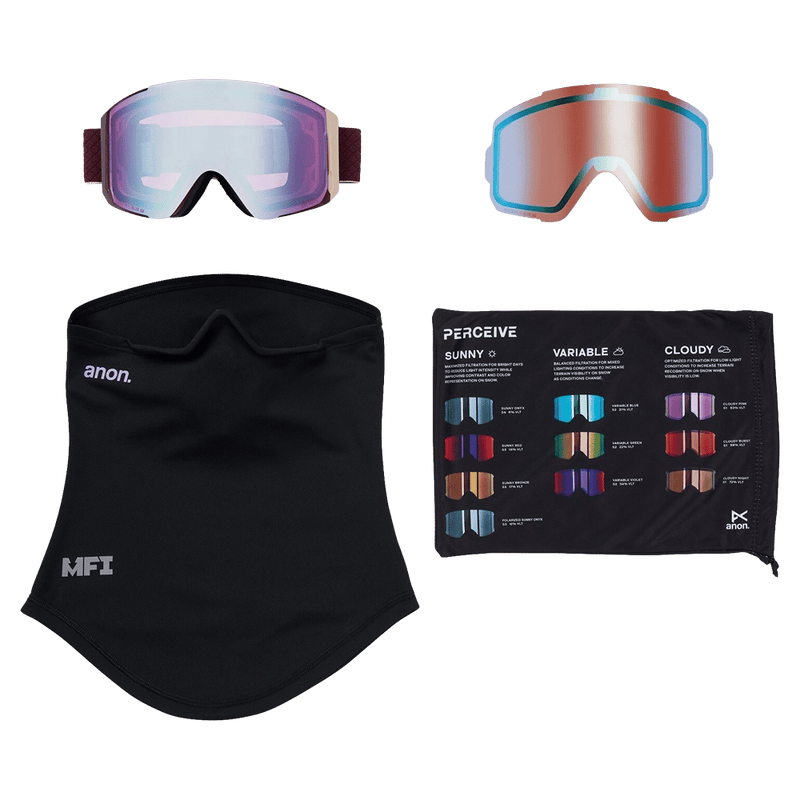 Accessories view of the Anon Sync LB Goggles in Deep Cherry, Perceive Cloudy Pink lens, unisex model
