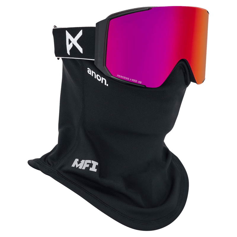 Face mask view of the Anon Sync Goggles in Black, Perceive Sunny Red lens, unisex model