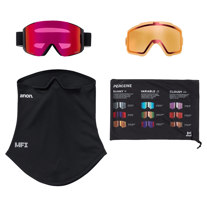 Accessories view of the Anon Sync Goggles in Black, Perceive Sunny Red lens, unisex model