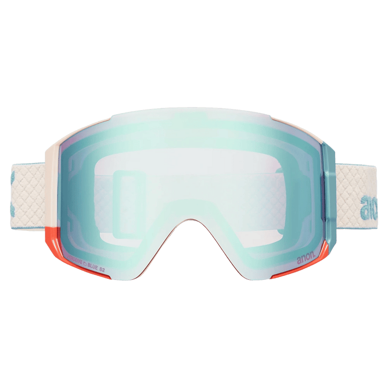 Front view of the Anon Sync Goggles in Oat, Perceive Variable Blue lens, unisex model